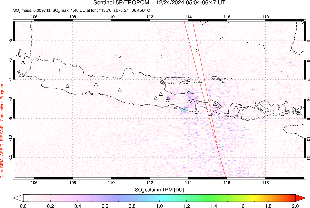 A sulfur dioxide image over Java, Indonesia on Dec 24, 2024.