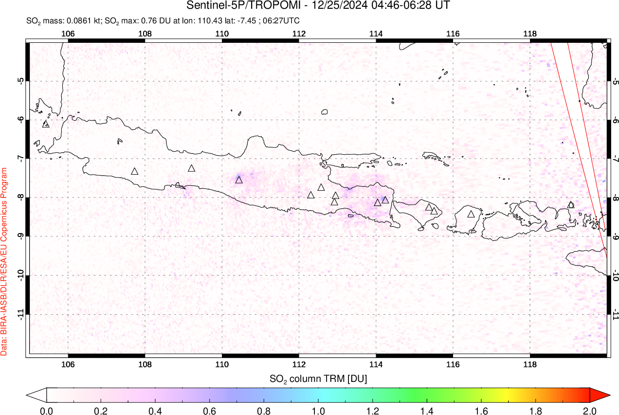 A sulfur dioxide image over Java, Indonesia on Dec 25, 2024.