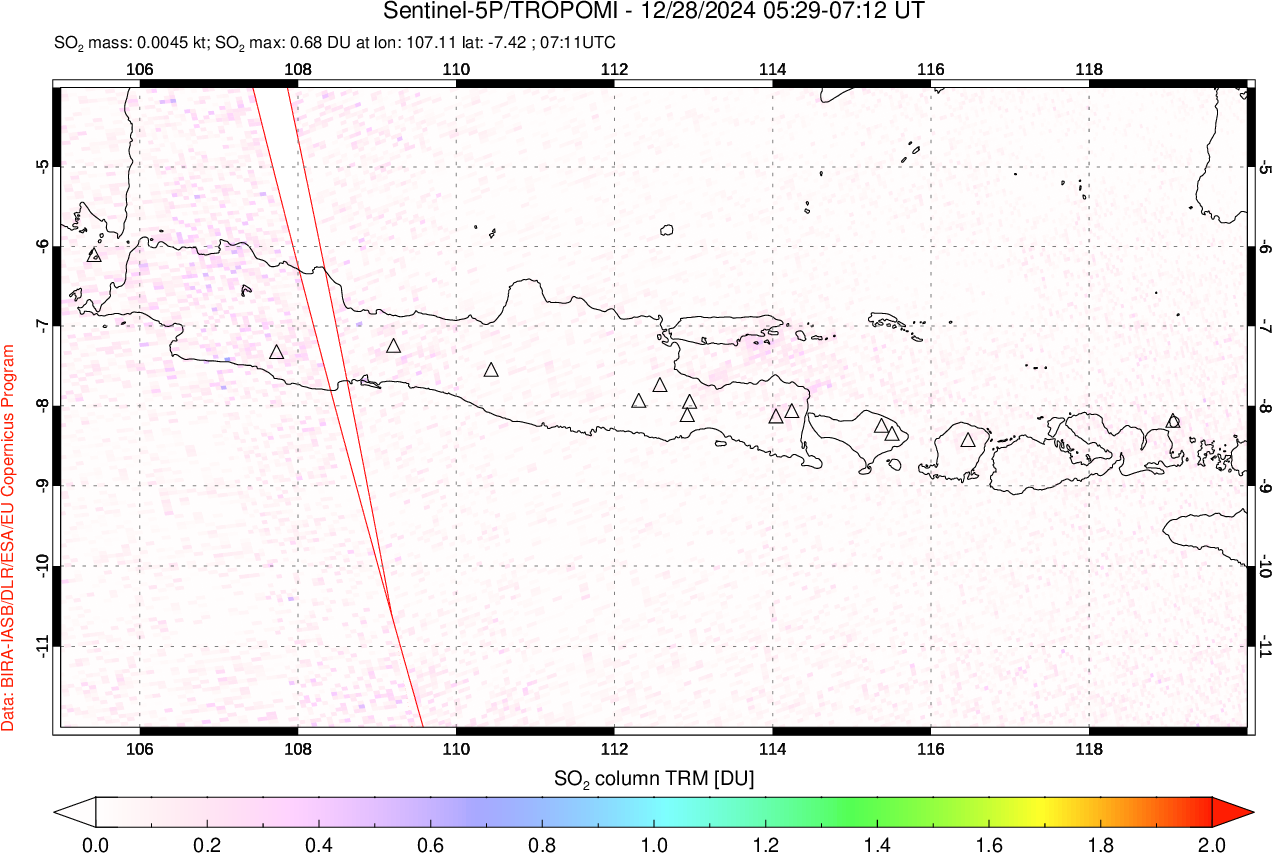 A sulfur dioxide image over Java, Indonesia on Dec 28, 2024.