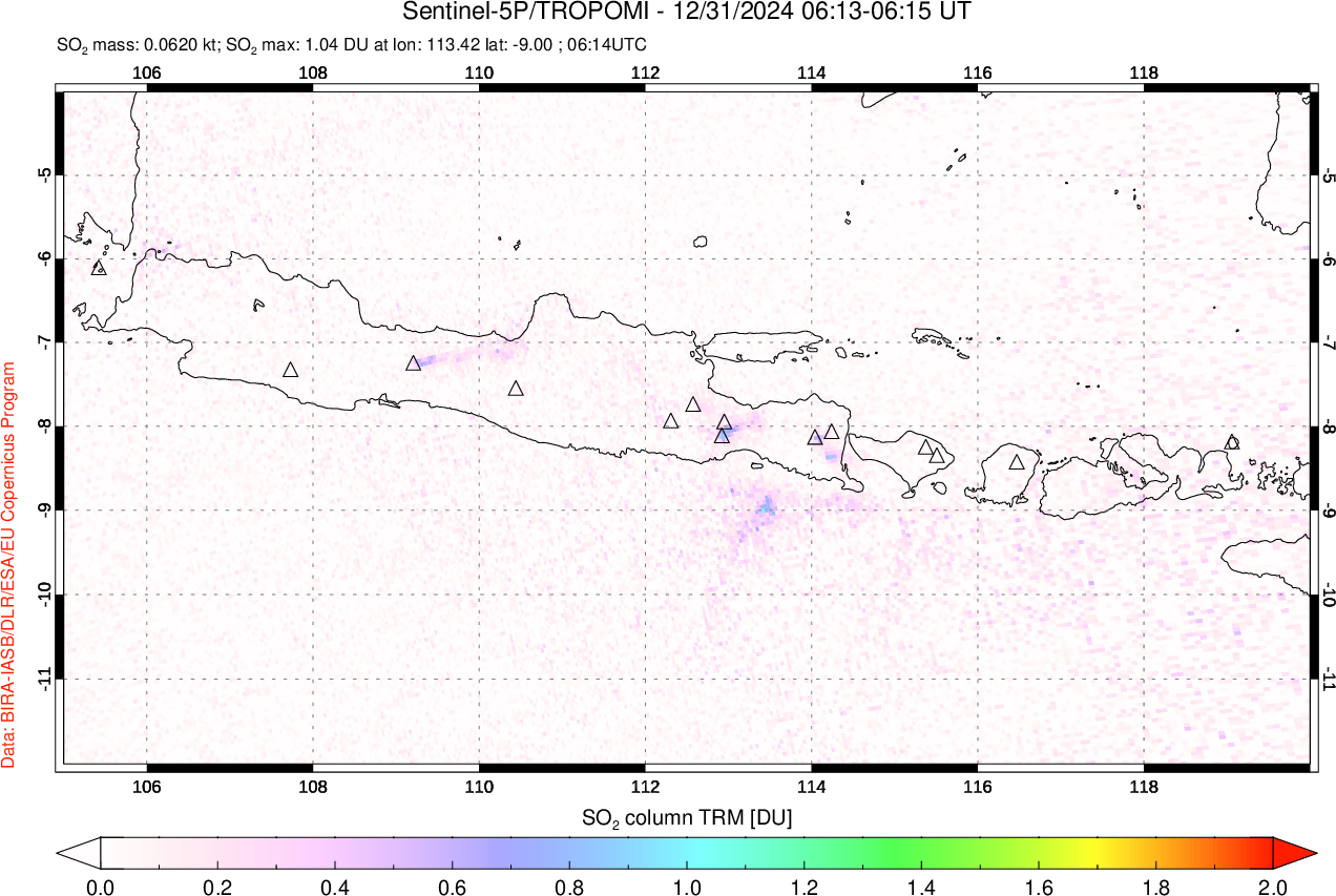 A sulfur dioxide image over Java, Indonesia on Dec 31, 2024.