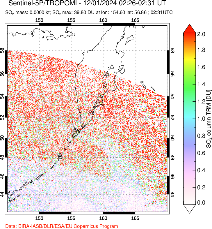 A sulfur dioxide image over Kamchatka, Russian Federation on Dec 01, 2024.