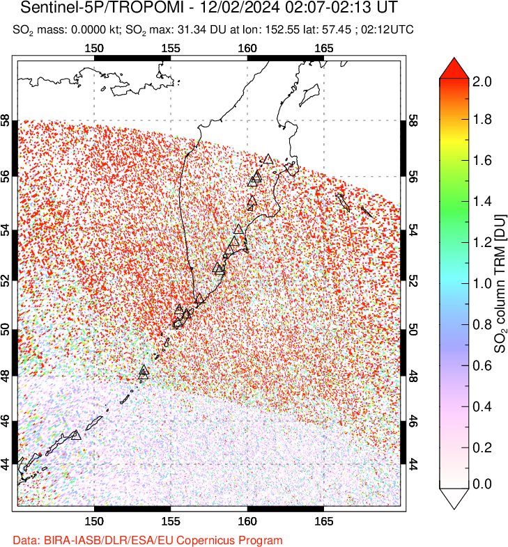 A sulfur dioxide image over Kamchatka, Russian Federation on Dec 02, 2024.