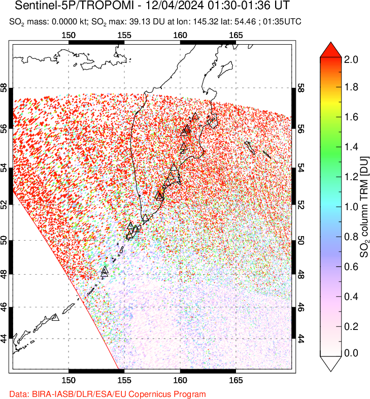 A sulfur dioxide image over Kamchatka, Russian Federation on Dec 04, 2024.