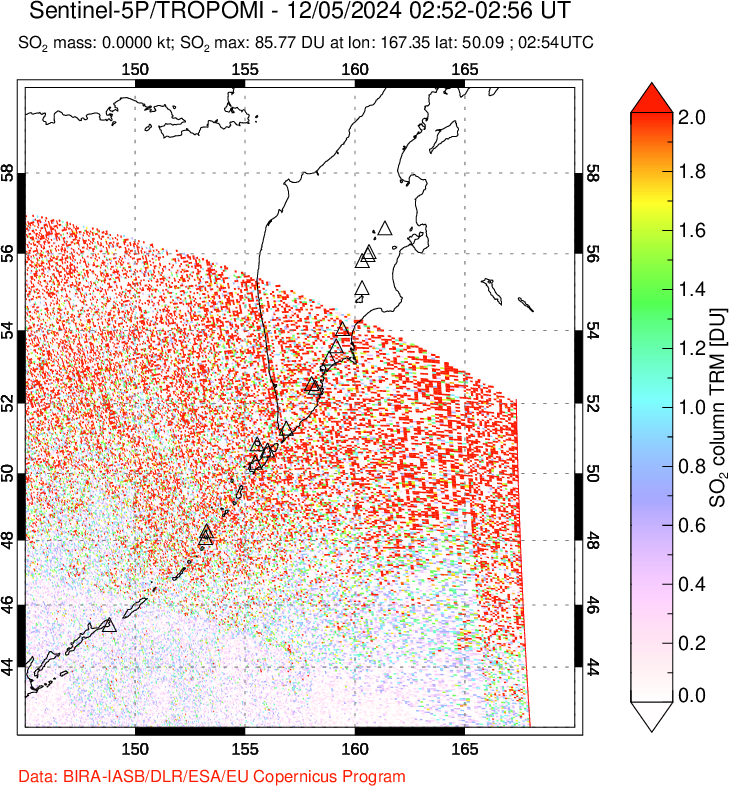 A sulfur dioxide image over Kamchatka, Russian Federation on Dec 05, 2024.