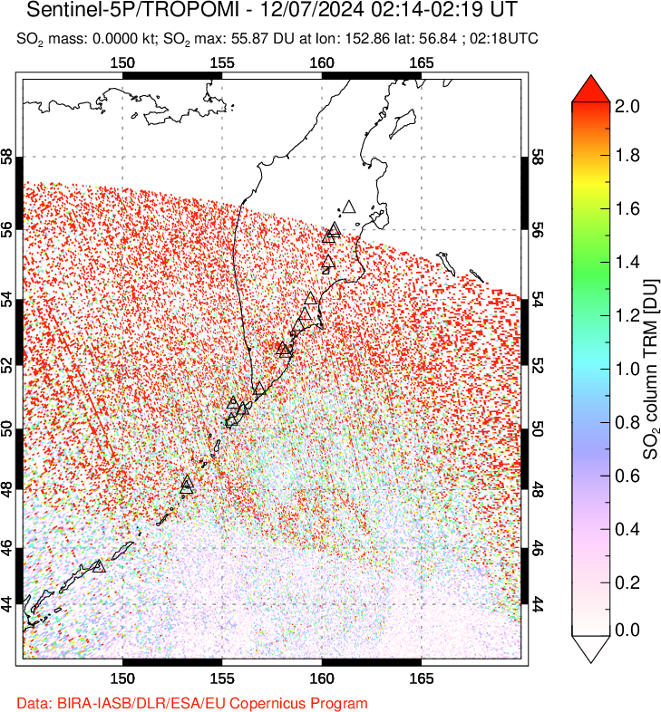 A sulfur dioxide image over Kamchatka, Russian Federation on Dec 07, 2024.