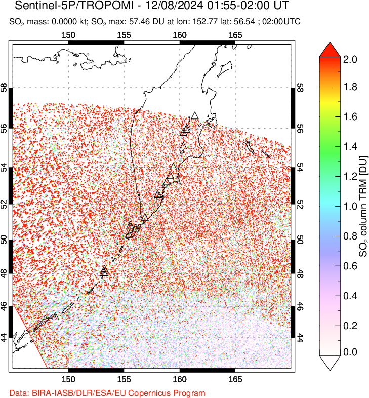 A sulfur dioxide image over Kamchatka, Russian Federation on Dec 08, 2024.