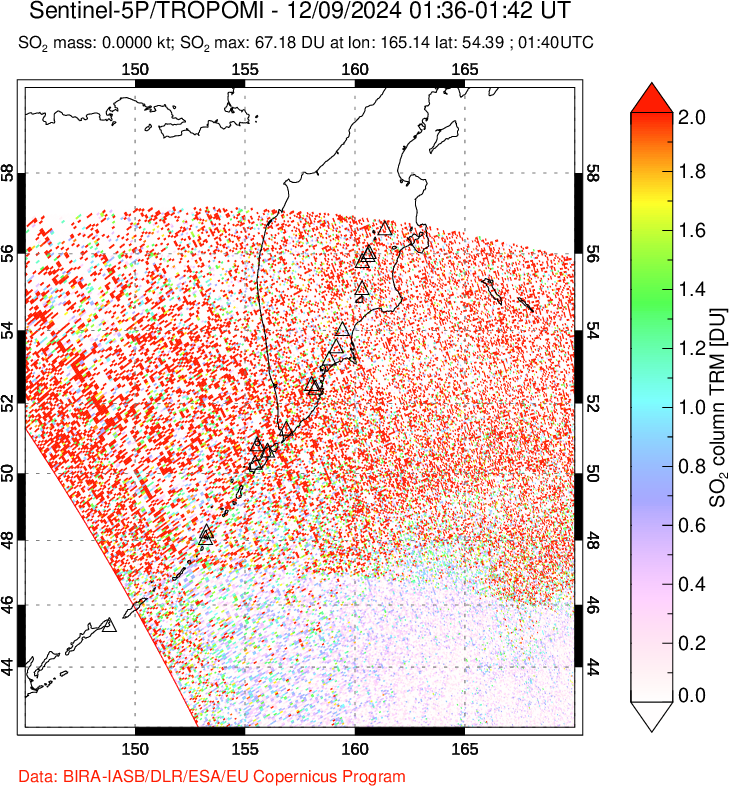 A sulfur dioxide image over Kamchatka, Russian Federation on Dec 09, 2024.