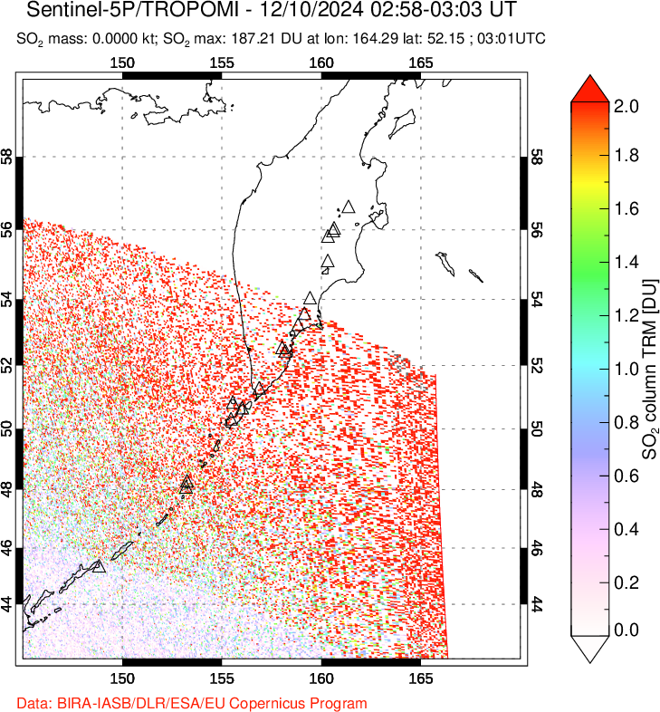 A sulfur dioxide image over Kamchatka, Russian Federation on Dec 10, 2024.