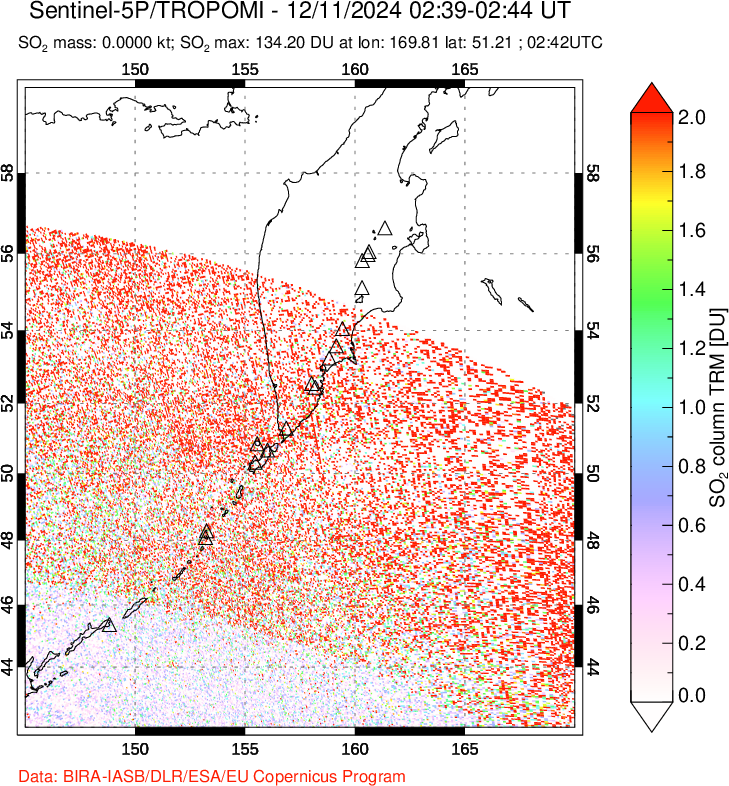 A sulfur dioxide image over Kamchatka, Russian Federation on Dec 11, 2024.