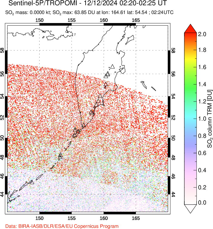 A sulfur dioxide image over Kamchatka, Russian Federation on Dec 12, 2024.