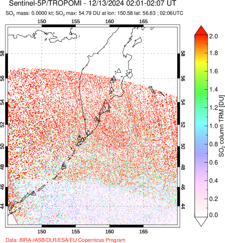 A sulfur dioxide image over Kamchatka, Russian Federation on Dec 13, 2024.