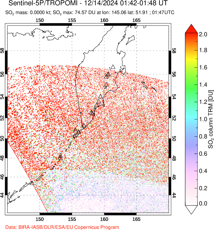 A sulfur dioxide image over Kamchatka, Russian Federation on Dec 14, 2024.