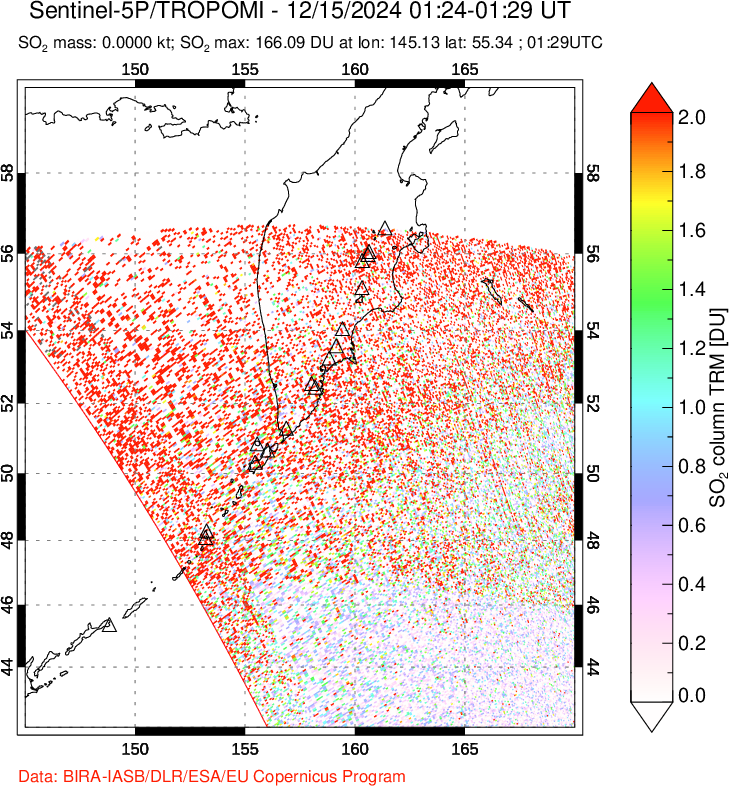 A sulfur dioxide image over Kamchatka, Russian Federation on Dec 15, 2024.