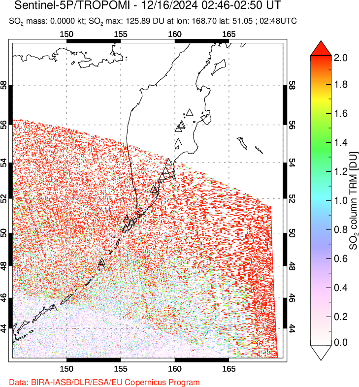 A sulfur dioxide image over Kamchatka, Russian Federation on Dec 16, 2024.