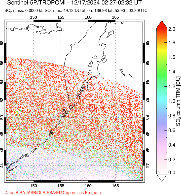 A sulfur dioxide image over Kamchatka, Russian Federation on Dec 17, 2024.