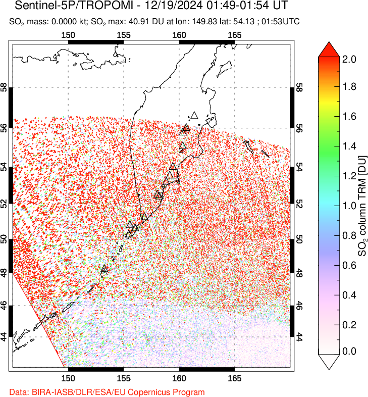 A sulfur dioxide image over Kamchatka, Russian Federation on Dec 19, 2024.