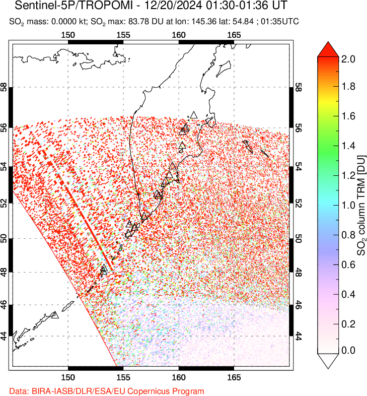 A sulfur dioxide image over Kamchatka, Russian Federation on Dec 20, 2024.