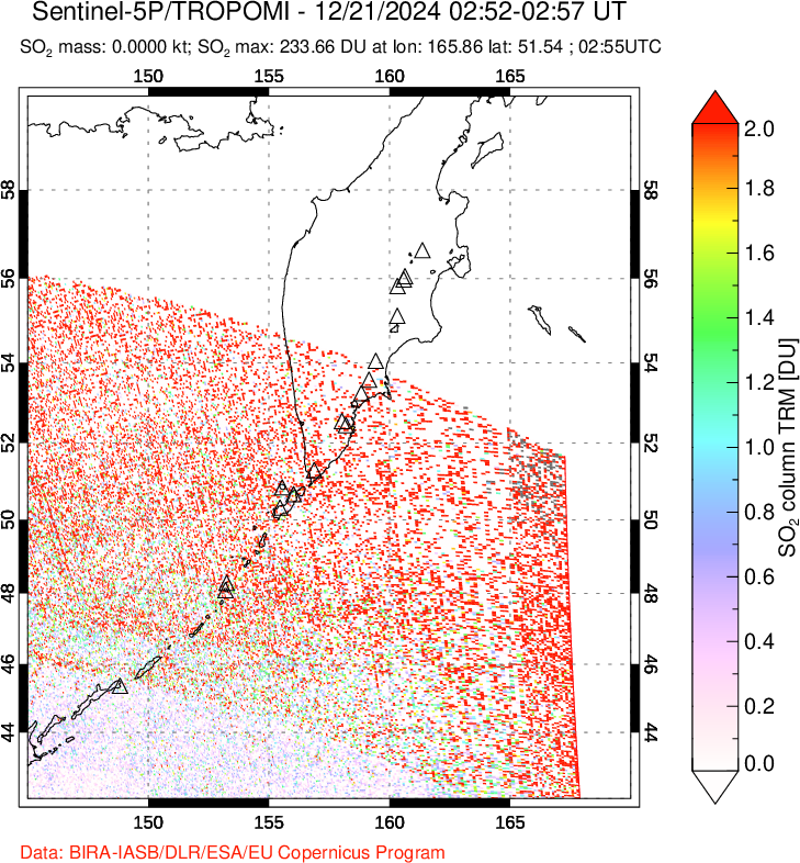 A sulfur dioxide image over Kamchatka, Russian Federation on Dec 21, 2024.