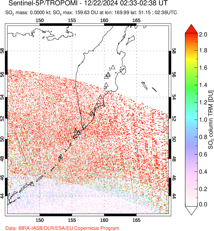 A sulfur dioxide image over Kamchatka, Russian Federation on Dec 22, 2024.