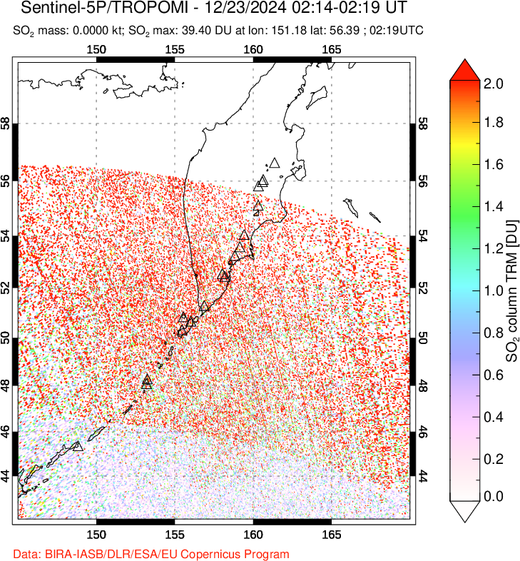 A sulfur dioxide image over Kamchatka, Russian Federation on Dec 23, 2024.