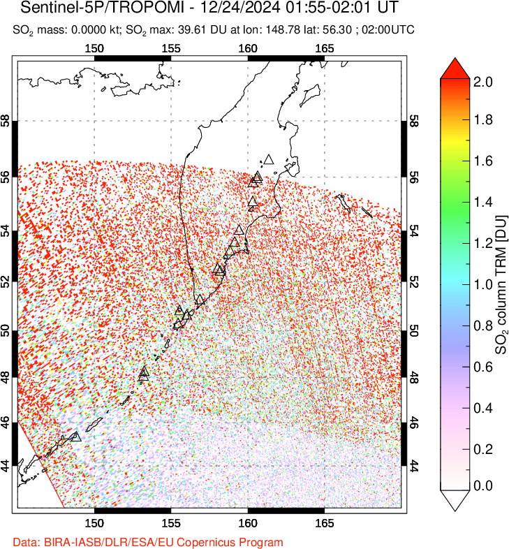 A sulfur dioxide image over Kamchatka, Russian Federation on Dec 24, 2024.