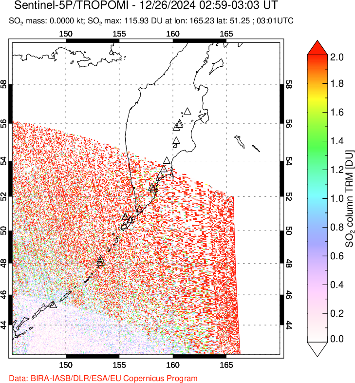 A sulfur dioxide image over Kamchatka, Russian Federation on Dec 26, 2024.