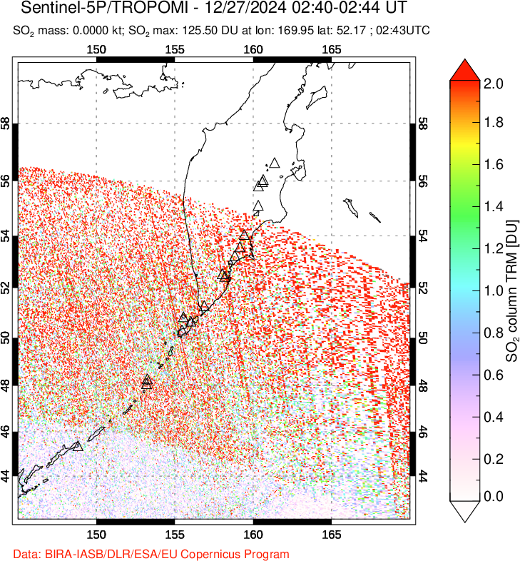 A sulfur dioxide image over Kamchatka, Russian Federation on Dec 27, 2024.