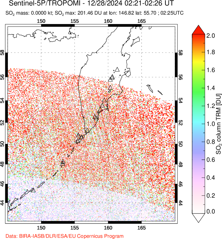 A sulfur dioxide image over Kamchatka, Russian Federation on Dec 28, 2024.