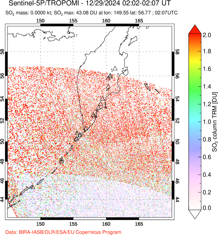 A sulfur dioxide image over Kamchatka, Russian Federation on Dec 29, 2024.