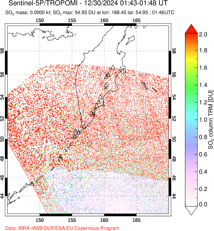 A sulfur dioxide image over Kamchatka, Russian Federation on Dec 30, 2024.