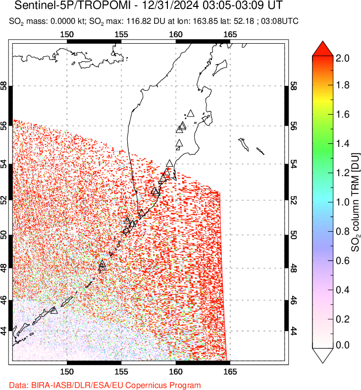 A sulfur dioxide image over Kamchatka, Russian Federation on Dec 31, 2024.