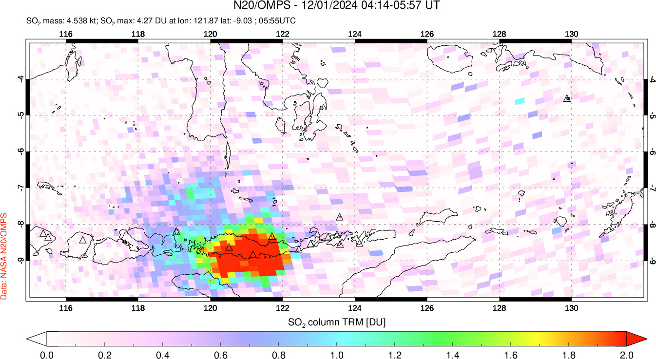 A sulfur dioxide image over Lesser Sunda Islands, Indonesia on Dec 01, 2024.