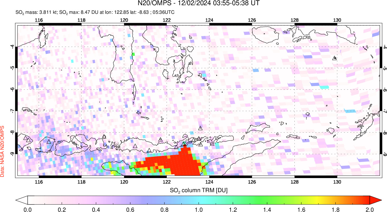 A sulfur dioxide image over Lesser Sunda Islands, Indonesia on Dec 02, 2024.