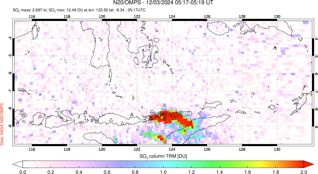 A sulfur dioxide image over Lesser Sunda Islands, Indonesia on Dec 03, 2024.