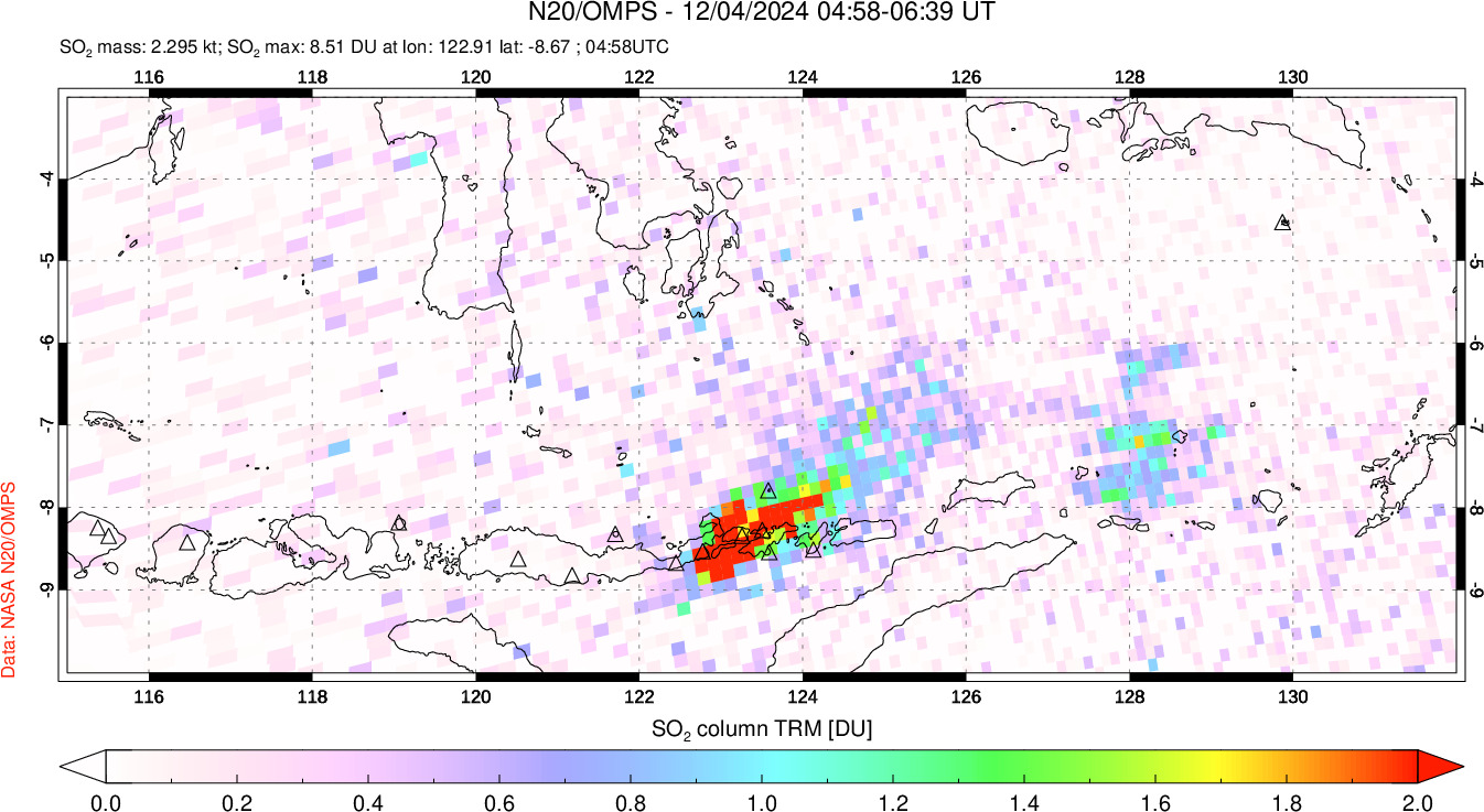 A sulfur dioxide image over Lesser Sunda Islands, Indonesia on Dec 04, 2024.