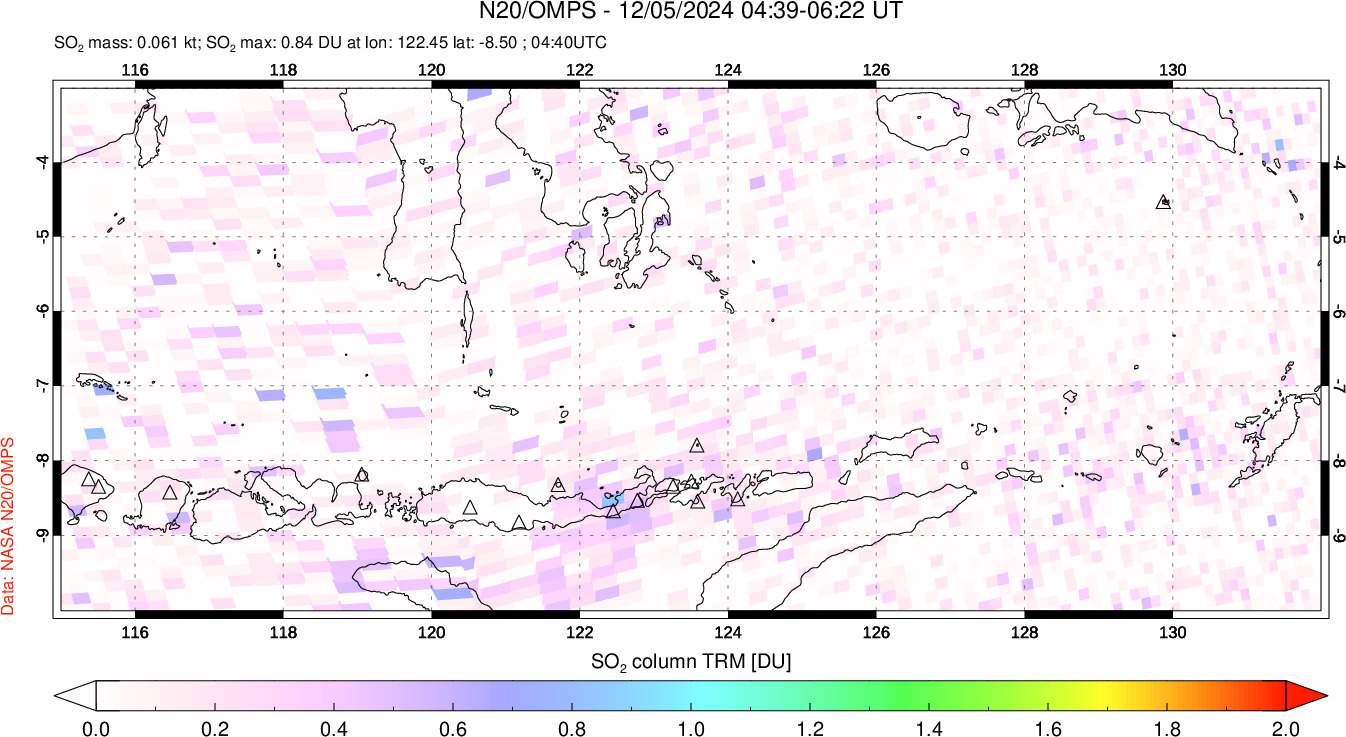 A sulfur dioxide image over Lesser Sunda Islands, Indonesia on Dec 05, 2024.