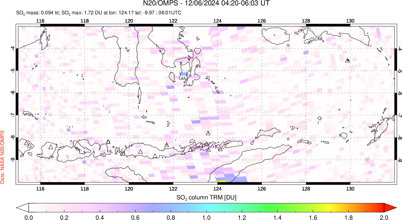 A sulfur dioxide image over Lesser Sunda Islands, Indonesia on Dec 06, 2024.