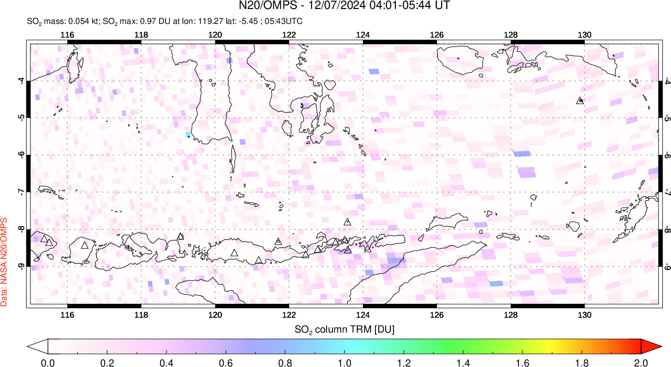 A sulfur dioxide image over Lesser Sunda Islands, Indonesia on Dec 07, 2024.