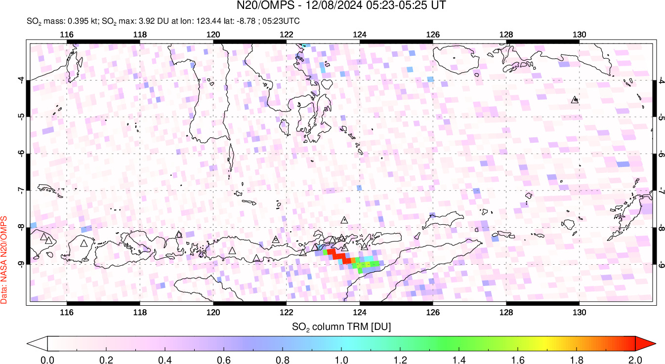 A sulfur dioxide image over Lesser Sunda Islands, Indonesia on Dec 08, 2024.