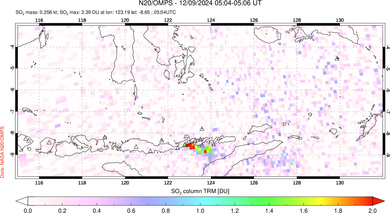 A sulfur dioxide image over Lesser Sunda Islands, Indonesia on Dec 09, 2024.