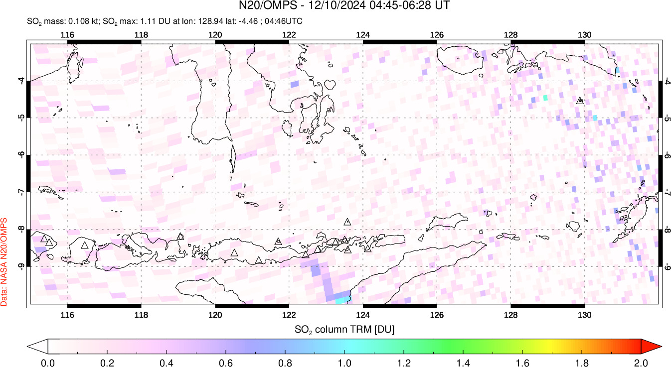 A sulfur dioxide image over Lesser Sunda Islands, Indonesia on Dec 10, 2024.