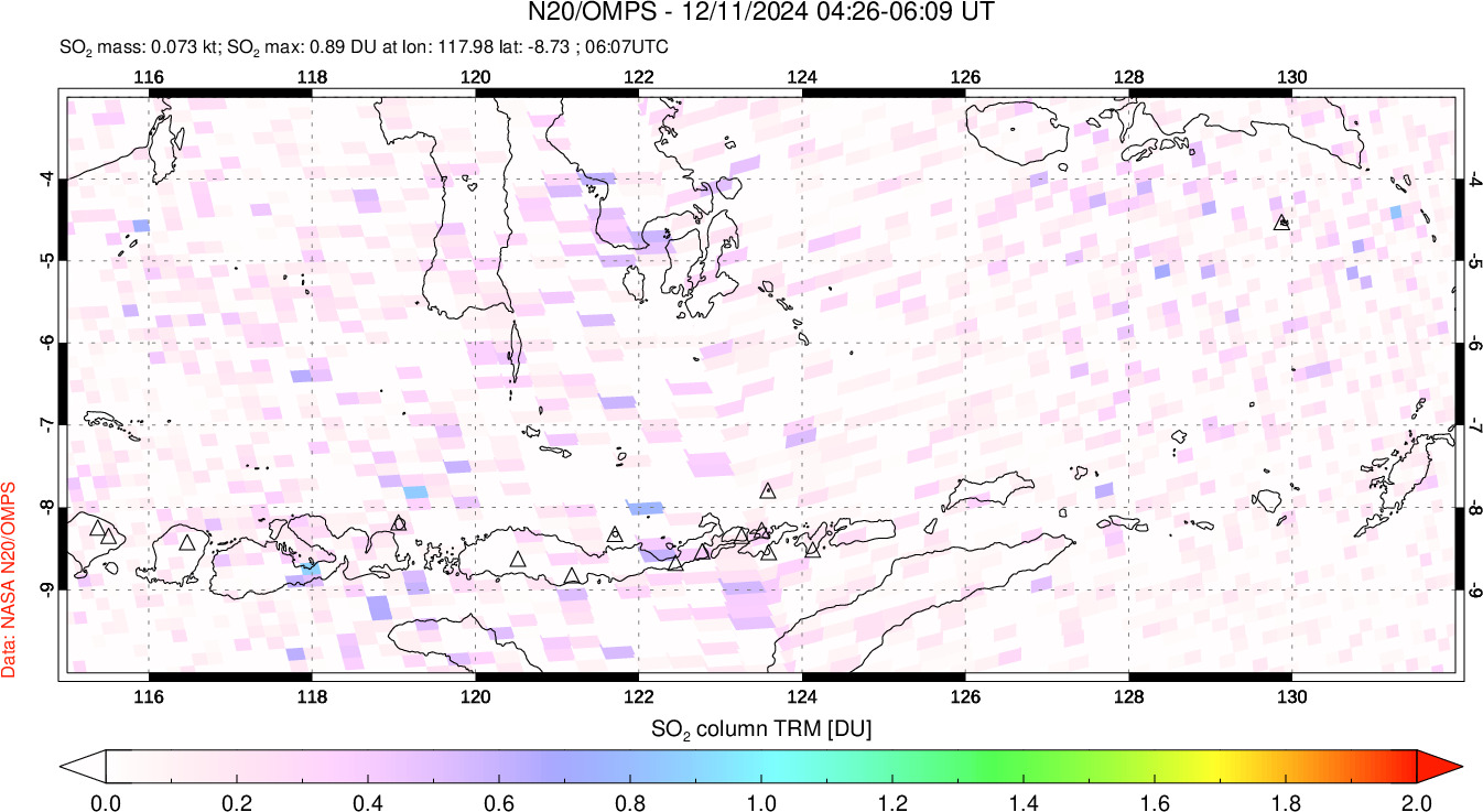 A sulfur dioxide image over Lesser Sunda Islands, Indonesia on Dec 11, 2024.