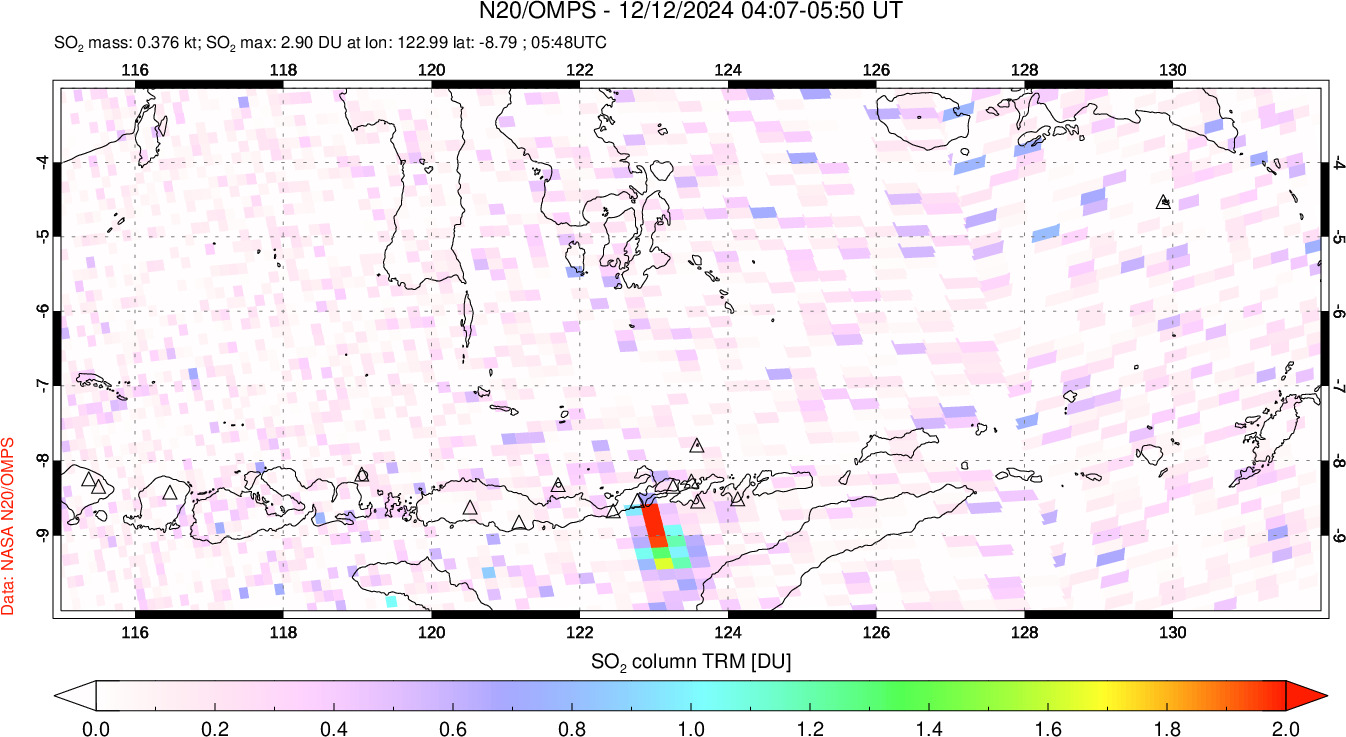 A sulfur dioxide image over Lesser Sunda Islands, Indonesia on Dec 12, 2024.