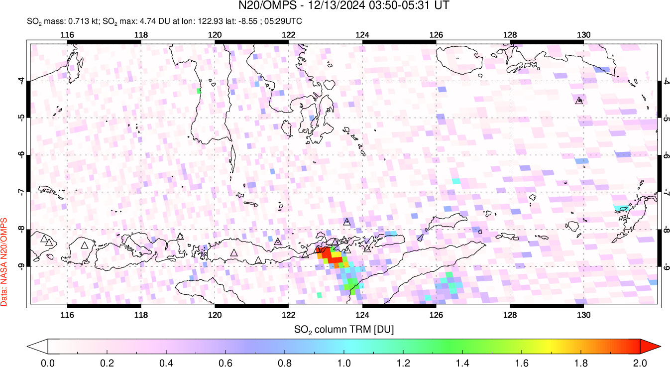 A sulfur dioxide image over Lesser Sunda Islands, Indonesia on Dec 13, 2024.