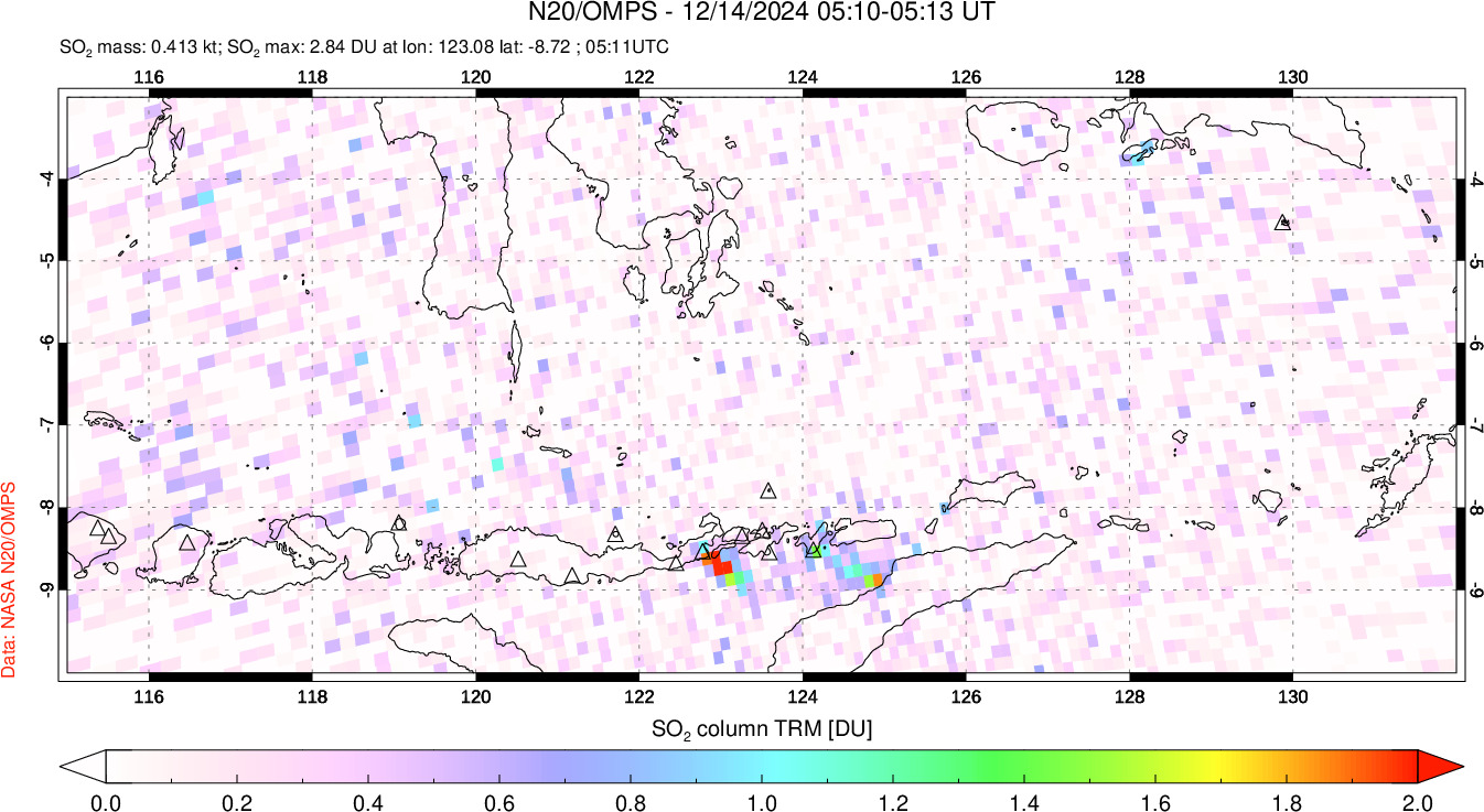 A sulfur dioxide image over Lesser Sunda Islands, Indonesia on Dec 14, 2024.