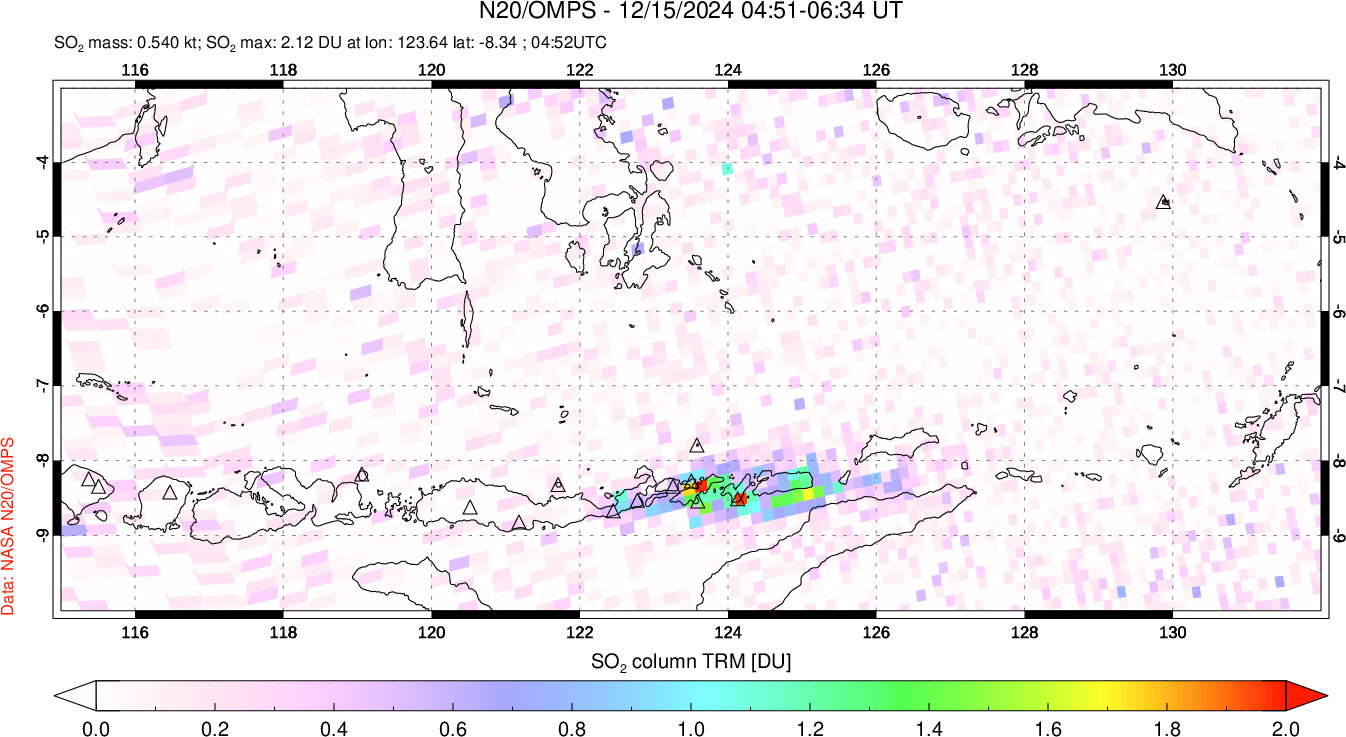 A sulfur dioxide image over Lesser Sunda Islands, Indonesia on Dec 15, 2024.