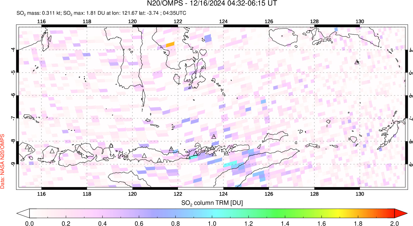 A sulfur dioxide image over Lesser Sunda Islands, Indonesia on Dec 16, 2024.