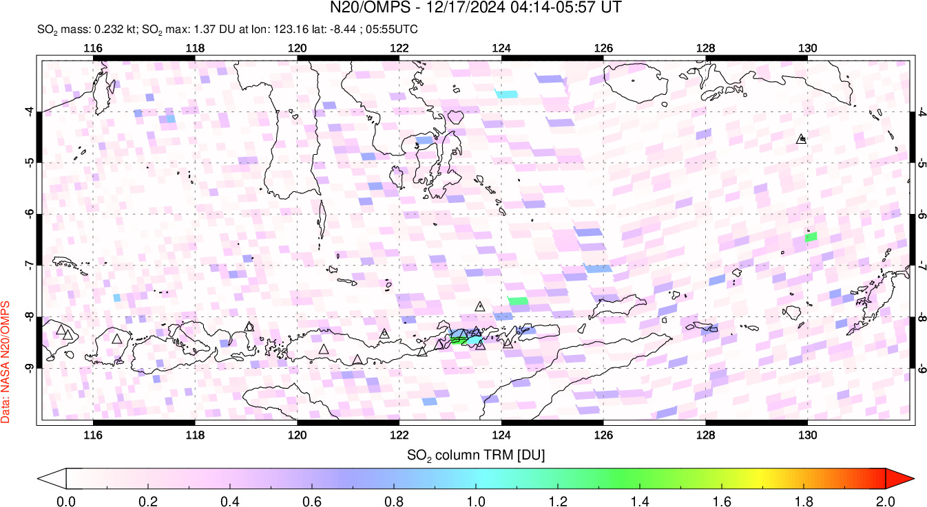 A sulfur dioxide image over Lesser Sunda Islands, Indonesia on Dec 17, 2024.