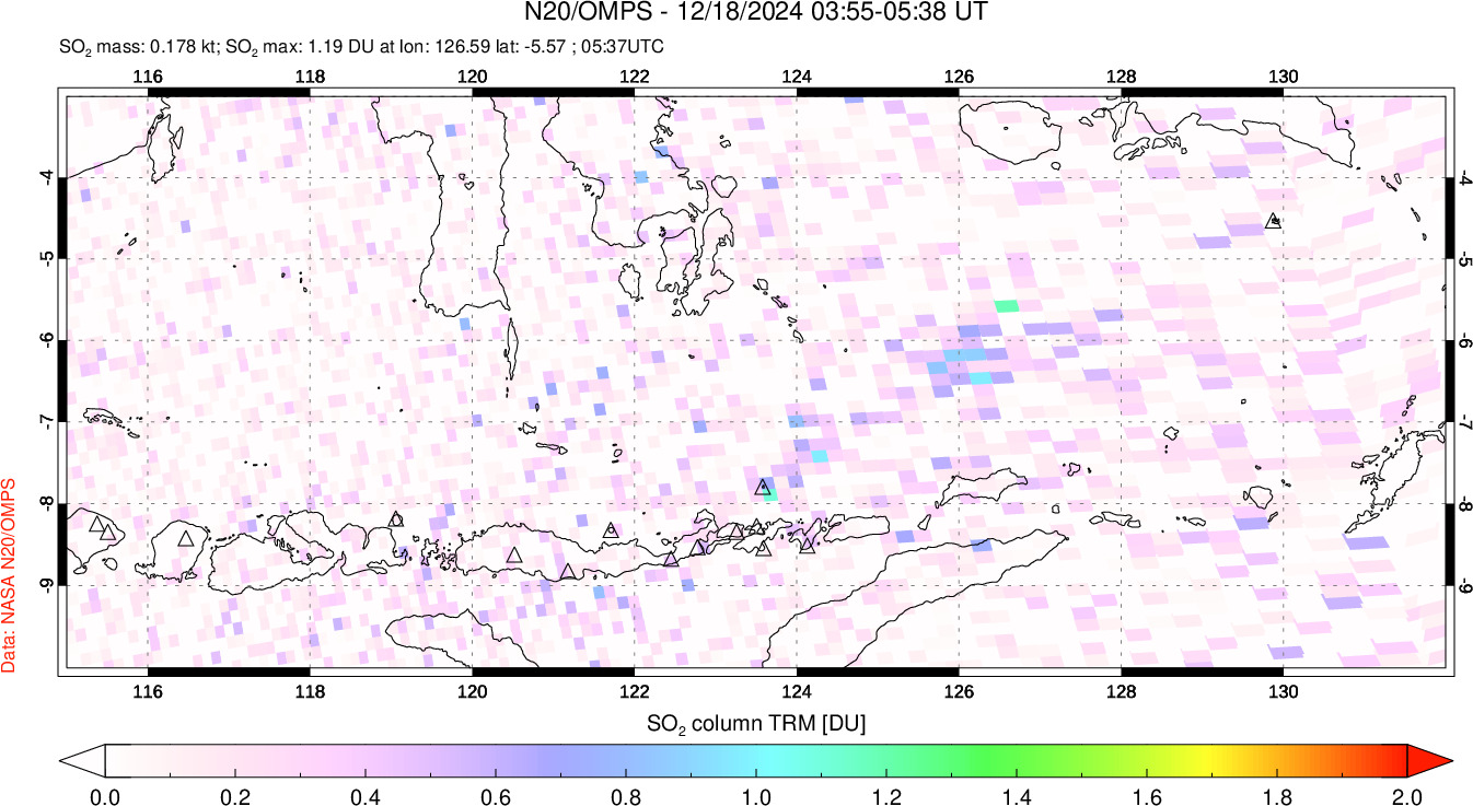 A sulfur dioxide image over Lesser Sunda Islands, Indonesia on Dec 18, 2024.