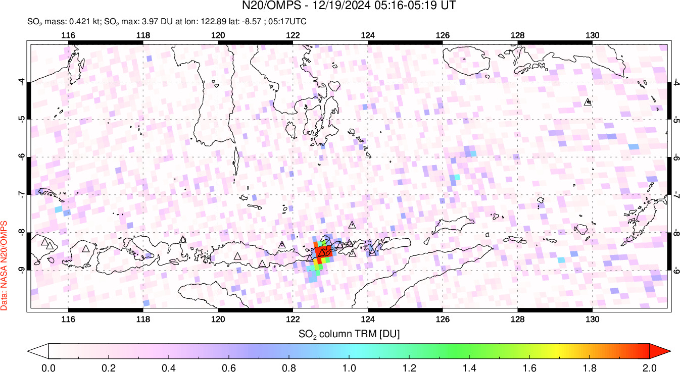 A sulfur dioxide image over Lesser Sunda Islands, Indonesia on Dec 19, 2024.